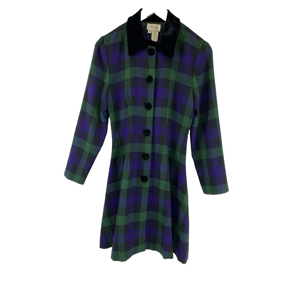 Ambria Vintage Dress Blue Green Plaid Button Velvet Collared Flare Pleat Women 8